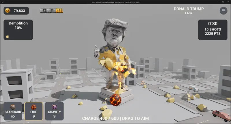 A glowing Fire ball faces a partially demolished statue.